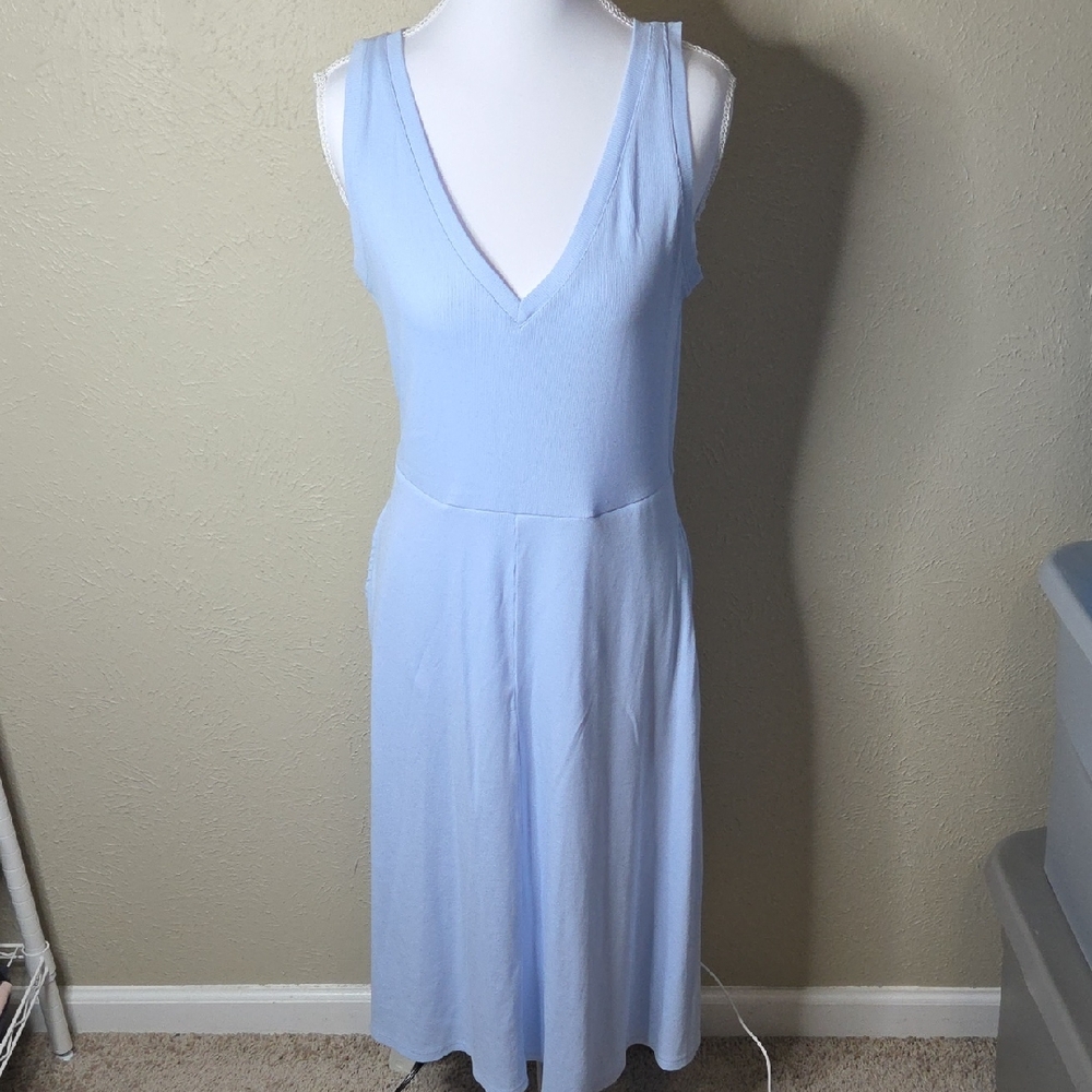NWOT A New Day Sky Blue V-Neck Midi Dress With Pockets